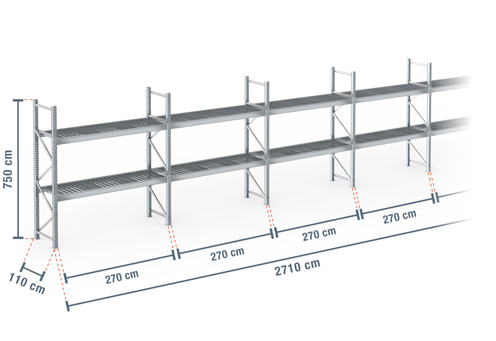 27,1 m pallet rack PR9000F galvanised / 110 cm deep / 7,5 m high / 2 ...